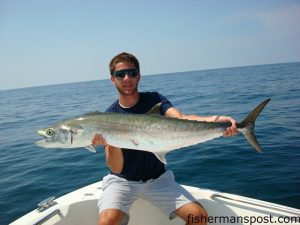 Kevin Rervais, from Ashburn, VA, with a king mackerel he hooked on a dead cigar minnow on a Hank Brown head/Blue Water Candy skirt combo at AR 366. He was fishing with Capts. Andy and Adam Powell of All In Charters out of Surf City.