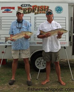 Eric Powell and Jason Nelson with the 7.3 and 6.96 lb. red drum that secured their victory in the second CCFA Redfish Series event, held August 9th out of Hammock's Beach State Park. Both reds were caught on Rapala Skitterwalks. They earned nearly $3000 for the win. Photo courtesy of Lew McCloud.