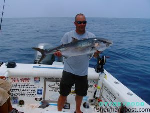 Eddie Steev with an amberjack he caught on a live pogy while fishing near the Horseshoe with Capt. Butch Foster of Yeah Right Charters out of Southport.