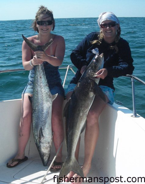 Abby Spencer, from Wilmington, and Kayln Hendricks, from Burgaw, with a 30 lb. king and a 25 lb. cobia caught 15 miles offshore of Wrightsville Beach with Rick Stanley and John McDow on the “Big Country.” They were trolling cigar minnows in 80′ of water.