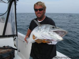 Capt. Brian Harrington with a large king mackerel caught on a live pogy 50’ deep on the downrigger. He was fishing at the 1700 Rock aboard the “SeaBiscuit.”. 