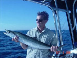 Scott Sweetland with a king mackerel caught and released while fishing with Capt. Jim Sabella of Plan 9 Fishing Charters out of Wrightsville Beach. The king fell for a dead cigar minnow on a Hank Brown Rig with a pink Blue Water Candy skirt at Dallas Rock.