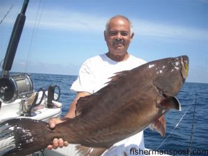 Capt. Glenn with a 19 lb. scamp that inhlaed a live pinfish 40 miles off of Carolina Beach while he was fishing aboard the "Slip Slidin" with Nick Patsalos.