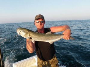 Roy Fowler, from TN, with a 10 lb. chopper bluefish he hooked on a Yo-Zuri Deep Diver while trollign at Diver's Rock with Capt. Jim Sabella of Plan 9 Fishing Charters out of Topsail Beach.