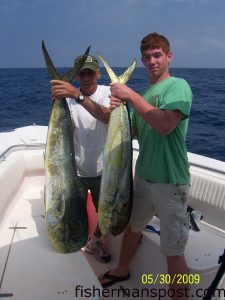 Jim Watson and Chris Norberg, from Columbia, SC, with a pair of big gaffer dolphin they hooked while trolling ballyhoo around the Blackjack Hole. The anglers were fishing out of Holden Beach with Capt. Keith Logan and mate Jonny Jones of Stand N Down Charters