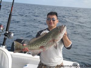 Will Kerr with a gag grouper he hooked on a piece of cut mackerel in 110' of water. He was fishing off Wrightsville Beach with Capt. Ken Mullen of Swell Rider Charters.