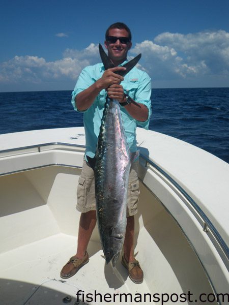 Alex Padgett , from Watts Landing, NC, with a 35 lb. king mackerel that fell for a live pogy in 60′ while he was fishing off Topsail Inlet with Rob Orr on the “Pierless.”