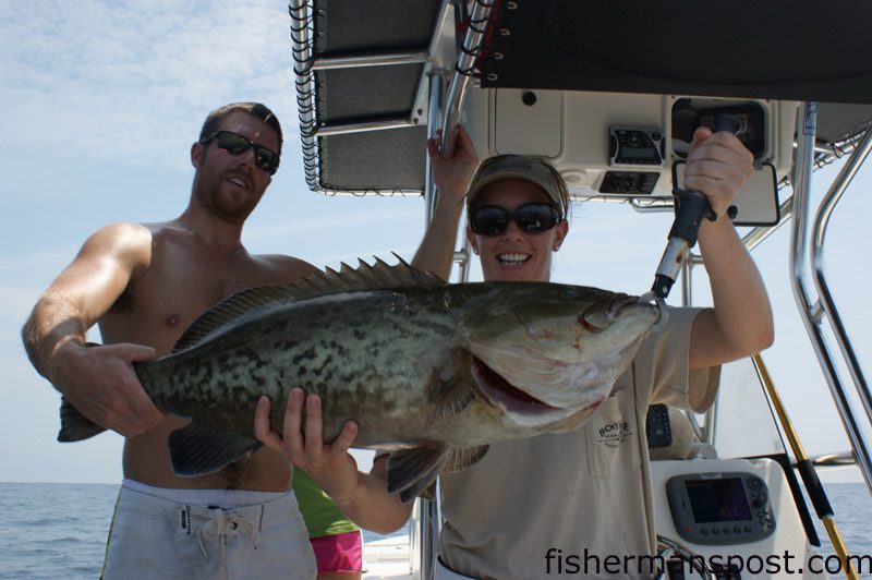 Heather Kellum, of Raleigh, hooked this 18 lb. gag grouper at a live bottom in 70' of water off Bogue Inlet. The gag fell for a live pogy while she was fishing with Capt. Chesson O'Briant of CXC Charters.