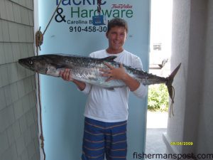 James Williams, from Philadelphia, PA, with a 39.6 lb. king mackerel he hooked near the beach at Wrightsville on a live pogy whiel fishign with Capt. Josh Dewberry of Atta Buoy Charters. Weighed in at Island Tackle.