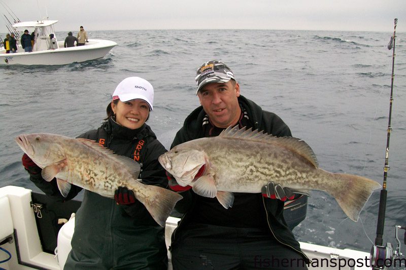 Joey Tan, from Singapore, and Dave Irving, from the UK, with a pair of gag grouper they hooked while jigging some bottom structure in 80' of water. they were fishing with Capt. Mike Jackson of Live Line Charters out of Wrightsville Beach.