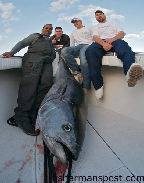 Frenchi Mack, Drew Silkworth, Aaron Dent, and Mikey Accattato (angler) with an 83″ bluefin tuna (estimated 320 lbs.) caught on a Seven Seas popper using a Stella 20,000SW and a Synit Surfacezone BFT. They were fishing 37 miles out of Oregon Inlet with Capt. Rick Croson of Living Waters Guide Service.