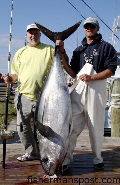 Angler Alex Cox and mate Chris Kubik with a 187 lb. bigeye tuna that bit a ballyhoo/sea witch combo off Oregon Inlet. Cox was fishing with Capt. Fin Gaddy on the “Qualifier” out of Oregon Inlet Fishing Center.