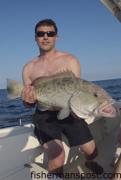 Peter Macreadie, of Sydney, Australia, with one of many gag grouper he hooked on live menhaden while fishing some bottom structure off Beaufort Inlet with Anna and Capt. George Beckwith of Down East Guide Service.