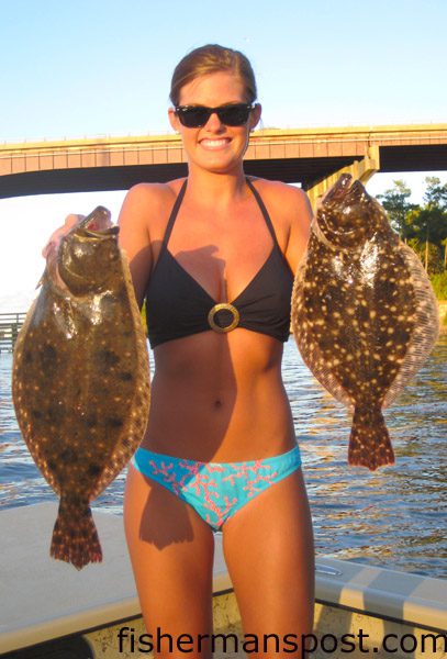 Spencer Jane Brunson with 22 and 18″ flounder she hooked on live baits in Snow’s Cut while fishing with Ryan Bird and Hunter Avery.