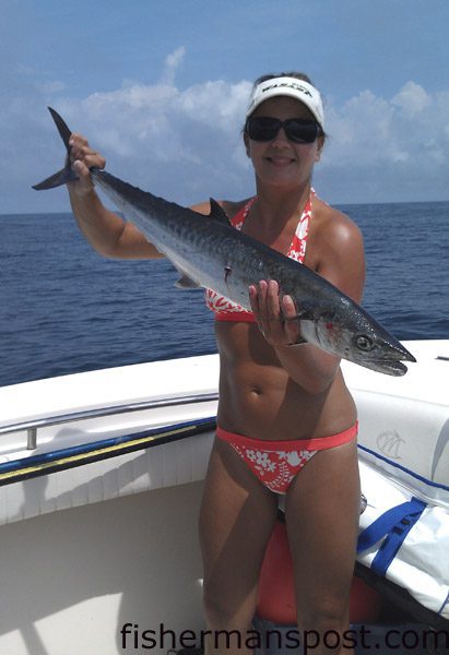 Jennifer King with her first king mackerel, hooked on a live menhaden 15 miles off New River Inlet while she was fishing with her husband Derek and Capt. Tommy Berry of Offshore Adventures Charters.