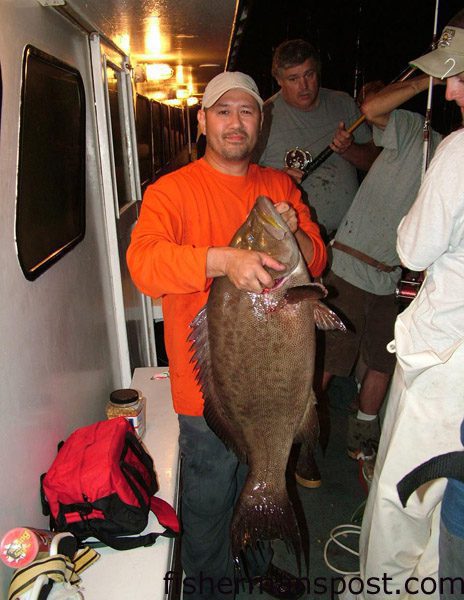 Toby Grantham, of Knightdale, NC, with a 27.02 lb. scamp grouper that is pending as the NC State Record. He hooked the huge scamp on a 5 oz. Blue Water Candy Roscoe Jig while fishing some structure east of Cape Lookout in 160′ of water with Capt. Dave Tilley on the headboat “Continental Shelf.”