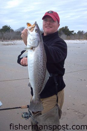 Vaughn King with a 4.5 lb. speckled trout that struck a space guppy-colored Strike King soft plastic while he was fishing near Carolina Beach Inlet with Capt. Robert Schoonmaker of Carolina Explorer Charters.