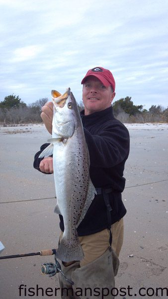 Vaughn King with a 4.5 lb. speckled trout that struck a space guppy-colored Strike King soft plastic while he was fishing near Carolina Beach Inlet with Capt. Robert Schoonmaker of Carolina Explorer Charters.