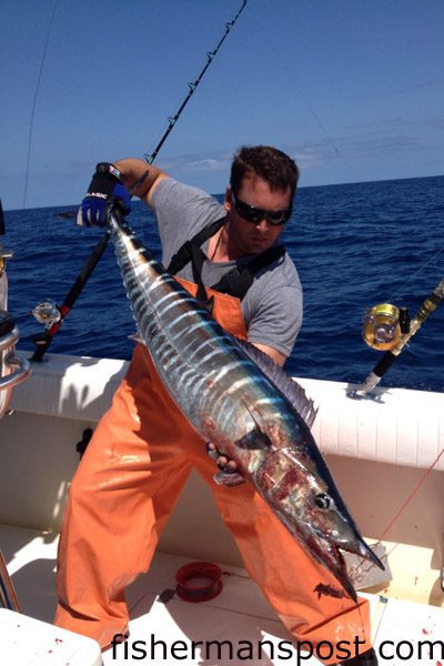 Erik Scheeler with a wahoo that bit a horse ballyhoo/Ilander combo deep on the planer while he was trolling near the Nipple on the “Wide Open” out of Wrightsville Beach.