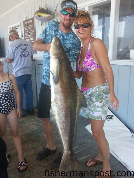 Chris and Josie Linetty, from Smithsburg, MD, with a 43 lb. cobia that bit a 2 oz. bucktail off Oregon Inlet.