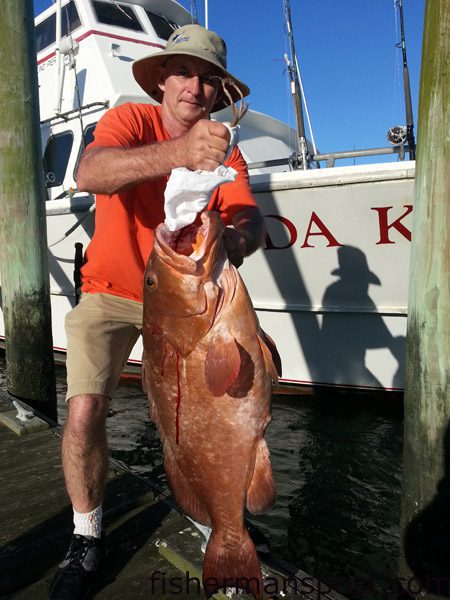 Louie Mye, of Lake Waccamaw, NC, with a 23 lb. red grouper that won him the big fish pool on the headboat “Vonda Kay.” He was fishing with Capt. Dave Gardner at some bottom structure in around 100′ of water off Wrightsville Beach.