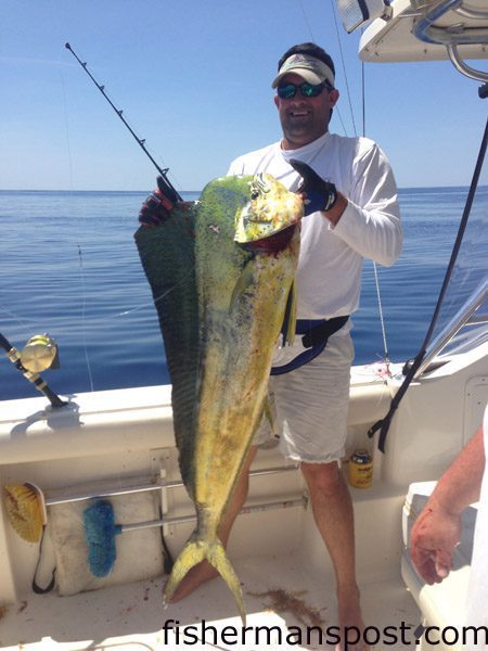 Andrew Isenhour, of Wilmington, NC, with a 34.5 lb. dolphin that he hooked while trolling 10 miles north of The Nipple on the “Another Nickel.”