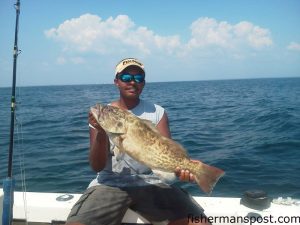 Eric Fowler with a gag grouper that bit a piece of Boston mackerel at some bottom structure just off New River Inlet while he was fishing with Capt. Joe Hifko of Rough and Ready Charters.