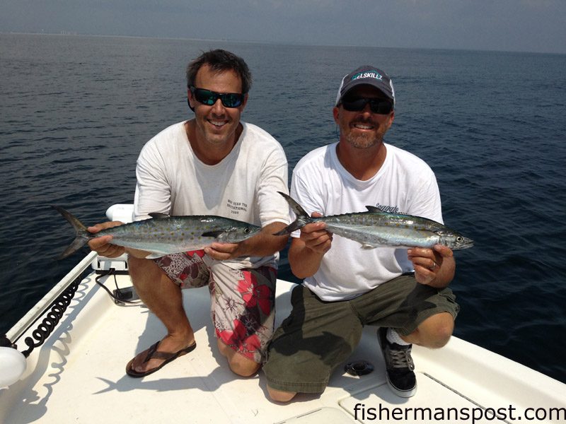 Gary Hurley and Capt. Jamie Rushing, of Seagate Charters, with a couple of the spanish mackerel they caught while fishing offshore of the sea buoy out of Wrightsville Beach. Jamie was guiding the trip on Gary’s bay boat.