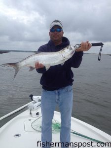 Capt. Mark Stacy, of OceanIsleFishingCharters.com, with a juvenile tarpon that bit a live shrimp under a float at the Little River jetties while he was fishing with Daniel Simmons.