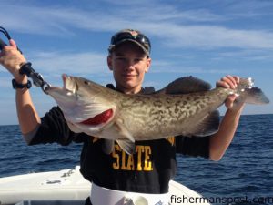 Hayes Wicher, of Greenville, NC, with a 29" gag grouper that bit a live bluefish east of Cape Lookout shoals while he was fishing with Capt. Chris Kimrey of Mount Maker Charters.