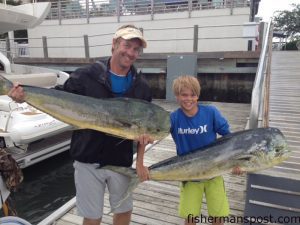 Ren and Warren Powell with dolphin that they hooked while trolling near the Same Ol' Hole on the "Trigger Mack."