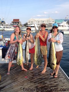 Kayla Hayes, Mary Brooks Parrow, Jennifer Meyer, and Rene Parks with dolphin and a wahoo they hooked while trolling the Gulf Stream off Wrightsville Beach with Capt. Ken Upton on the "Gamekeeper."