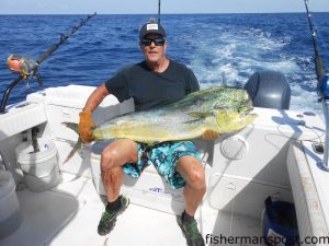 Taylor Perdue with a citation 35.9 lb. dolphin that bit a ballyhoo behind a pink squid daisy chain near the Swansboro Hole while he was fishing off New River Inlet on his boat "Reel Return."