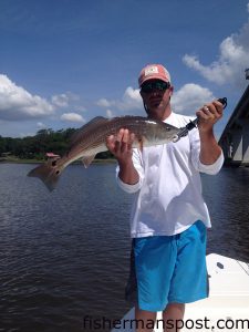 Jason Surratt, of W.V., with a red drum that bit a live mud minnow near Sunset Beach bridge while he was fishing with Capt. Mark Dickson of Shallow Minded Inshore Fishing.