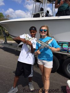 Liza Herring and Brandon Wilson (both 13) with four of 30 spanish mackerel they hooked while trolling Clarkspoons just off Carolina Beach Inlet.