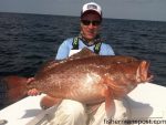 Matthew Stokely, of Wilmington, with a 27 lb. red grouper that bit a squid/cigar minnow combo at some bottom structure in 130' of water off Wrightsville Beach while he was fishing with Capt. Arlen Ash of Ultimate Reaction Charters.