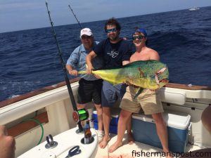 Frank Johnson, Capt. Brody Heath, and the crew of the "Emma Rose" earned first place in the 2014 Far Out Shootout by pairing this 28.5 lb. dolphin with a 39.1 lb wahoo for a 67.6 lb. aggregate. Their fish bit ballyhoo paired with glass head trolling lures near the Blackjack Hole.