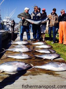 Scott Cooley, from Fredericksburg, VA, and family with yellowfin tuna and a mako shark that they hooked while trolling ballyhoo off Oregon Inlet with Capt. Dave Peck of Skiligal Sportfishing.