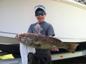 Davin King with his first grouper, a gag he hooked on a dead menhaden at some structure in 100' of water off New River Inlet. He was fishing with his father and Capt. Tommy Berry of Zone 8 Charters.