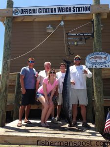 Michael and Borrok Bundy, Kevin Riggs, Brandon Braxton, and Emily and Mike Woolard landed this 78 lb. after it struck a ballyhoo while they were trolling near the Big Rock. Weighed in at Chasin' Tails Outdoors.