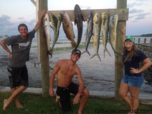 Matt Church, Nate Robinson, and Hannah Church with king mackerel, cobia, dolphin, and a gag grouper they hooked while trolling menhaden, balltyhoo, and cigar minnows offshore of the Schoolhouse aboard the "Bud Light."