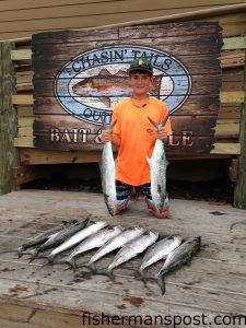 Dylan Mcallister, of VA, with a catch of spanish mackerel (the largest 5 lbs.) that bit live baits near AR-315. Weighed in at Chasin' Tails Outdoors.