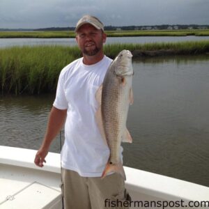 Jonathan Morton with a red drum that bit a live finger mullet in a Swansboro-area marsh.