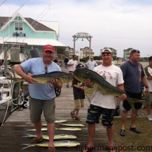 Don MOrrison, of Smithfield, VA, and Jon Meador, of Virginia Beach, VA, with dolphin that attacked skirted ballyhoo while they were trolling off Hatteras Inlet aboard the "Sea Dream" out of Hatteras Landing.