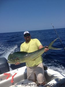 Andy Duskie with a bull dolphin that struck a ballyhoo near the 100/400 while he was fishing with Bob Chinn on the "Dirty Dog."