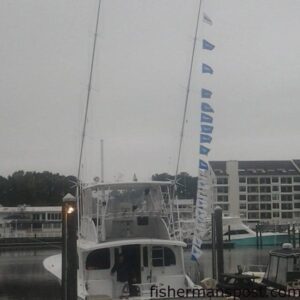 The charterboat "Strike 'Em" flying release flags for 19 white and one blue marlin they let go on a recent trip offshore of Oregon Inlet.