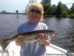 Bonita Rogers Miller, of Jacksonville, NC, with a fat speckled trout that bit a Carolina-rigged finger mullet in the New River near downtown Jacksonville.