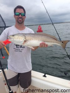 Jon Salvant with a 29" red drum he caught and released in Masonboro Inlet. The red gulped down a live finger mullet.