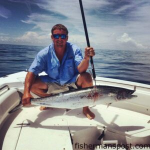 Cody Roberts, of Sanford, NC, with a 38 lb. king mackerel that bit a skirted menhaden 40 miles offshroe of New River Inlet.