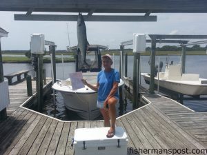 Becky Early, of Surf City, landed this citation 6.2 lb. spanish mackerel after it struck a live menhaden near the New Topsail sea buoy. She was fishing with John Bullock and Chuck Johnson.